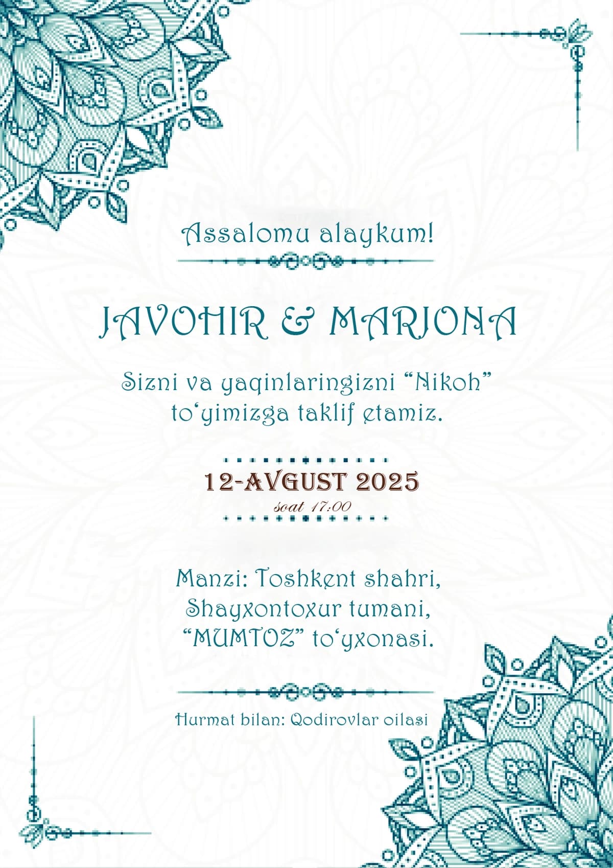 Nikoh to'y uchun taklifnoma