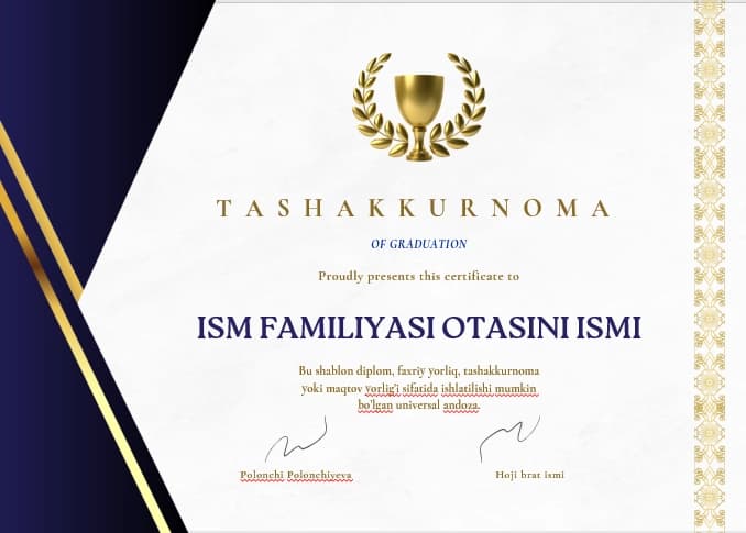 TASHAKKURNOMA shablon tayyori andoza