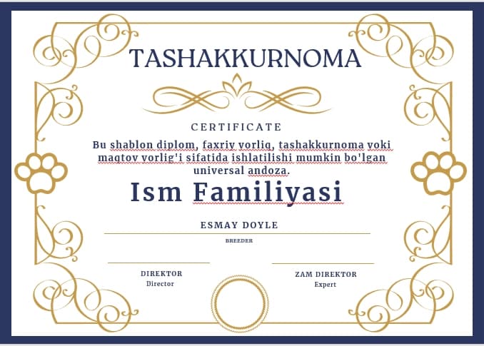 TASHAKKURNOMA shablon tayyori andoza