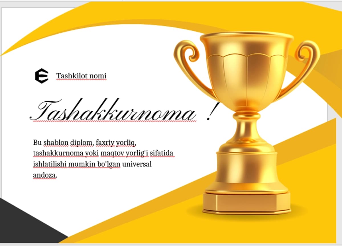 TASHAKKURNOMA shablon tayyor andoza