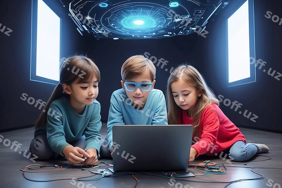Texnologiya konseptsiyasi uch bolalar bilan | Technology concept with three kids