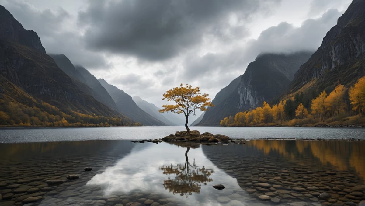 O'rta ko'lda yolg'iz daraxt o'tiribdi | There is lone tree sitting rock middle lake