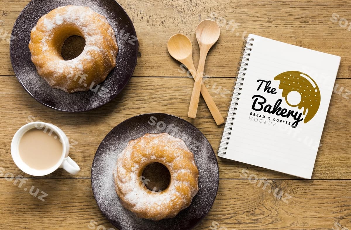Yuqori ko'rinishdagi daftar donatlar va kofe bilan | Top view notebook with donuts coffee
