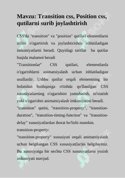 Transition css, Position css, qutilarni surib joylashtirish