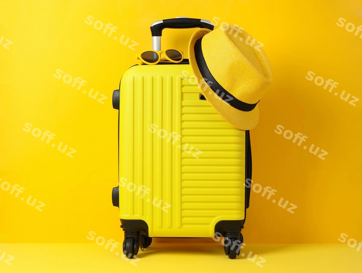 Sayohat bagasi sariq rangda, ko'zlashiq va bosh kiyim bilan | Travel bag with sunglasses hat yellow