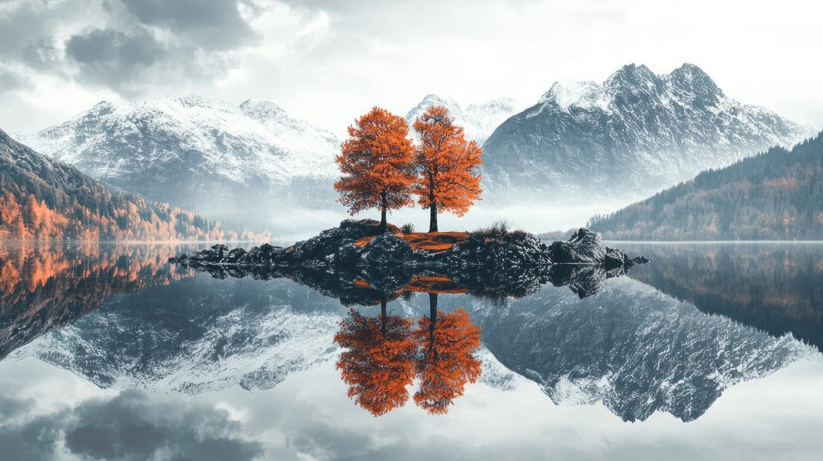 Ikki kuzgi daraxtlar toshli orol tog 'ko'li | Two autumn trees rocky island mountain lake
