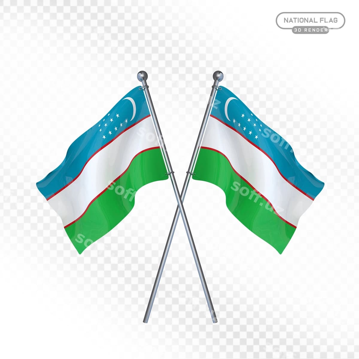 Ikki kesishgan bayroq o'zbekiston 3D render | Two crossed flags uzbekistan 3d render
