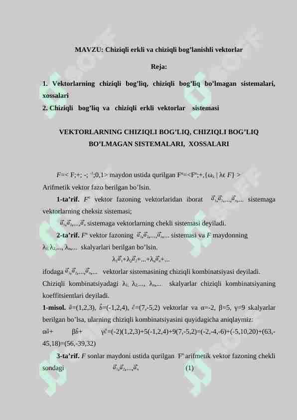 Chiziqli erkli va chiziqli bog’lanishli vektorlar