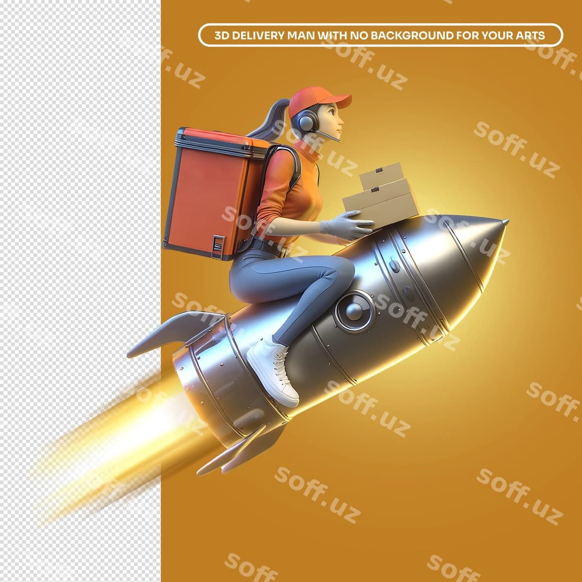 3D raketa yetkazib beruvchi ayol | Woman delivery person top rocket 3d
