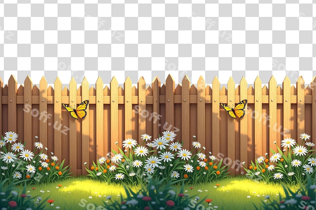 Yong'oq chegara yashil chaman gullar | Wooden fence green grass flowers