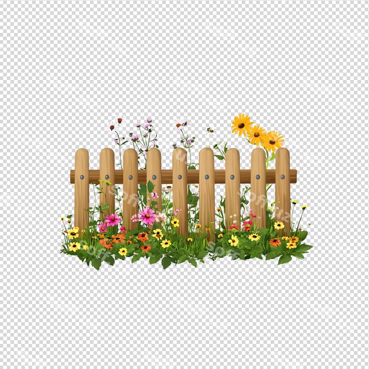 Yog'ochli chegara rang-barang gullar bilan | Wooden fence with colorful flowers