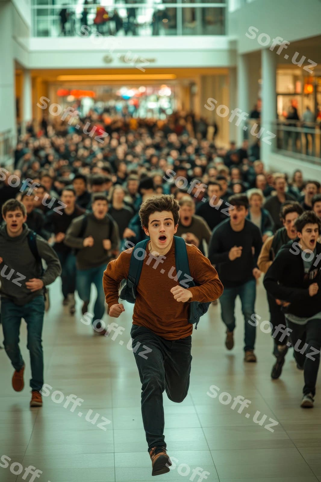 Yigit olomon savdo markazi bilan yugurmoqda | Young man running with crowd mall