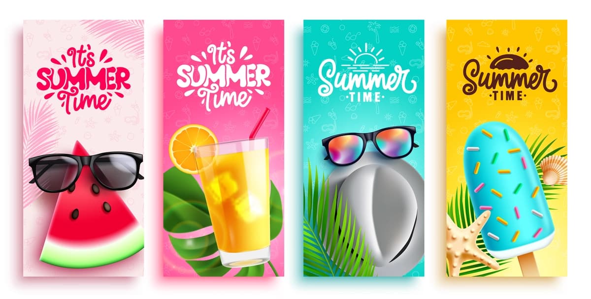 Yoz vaqti vektorli plakatlar to'plami, yozgi tropik matni dizayni | Summer time vector poster set design it s summer time text tropical