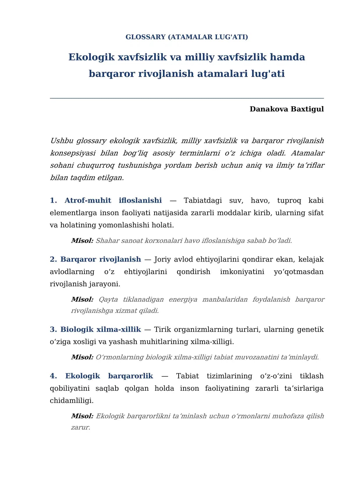 Ekologik xavfsizlik, milliy xavfsizlik va barqaror rivojlanish atamalari lug'ati