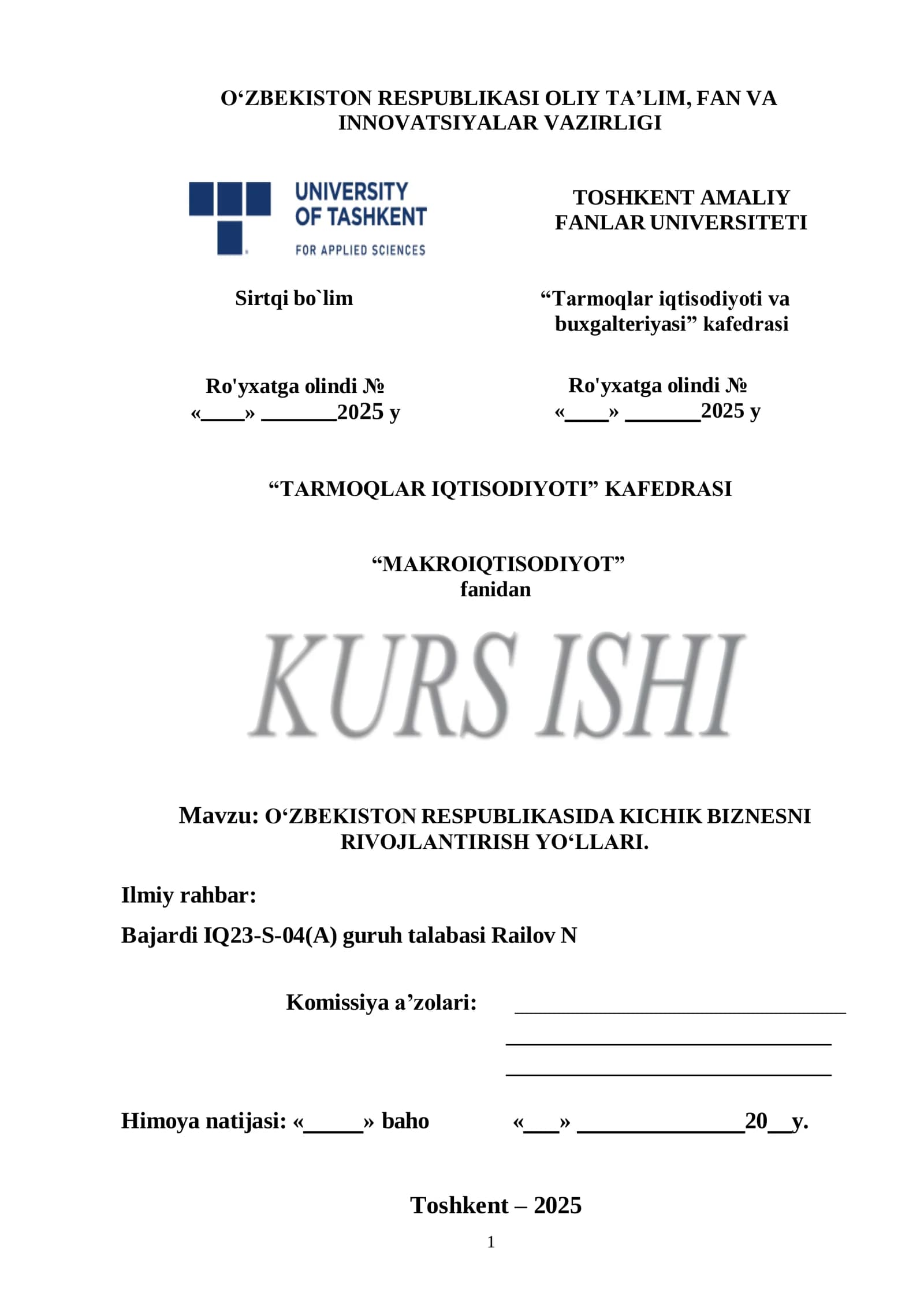 O‘ZBEKISTON RESPUBLIKASIDA KICHIK BIZNESNI RIVOJLANTIRISH YO‘LLARI