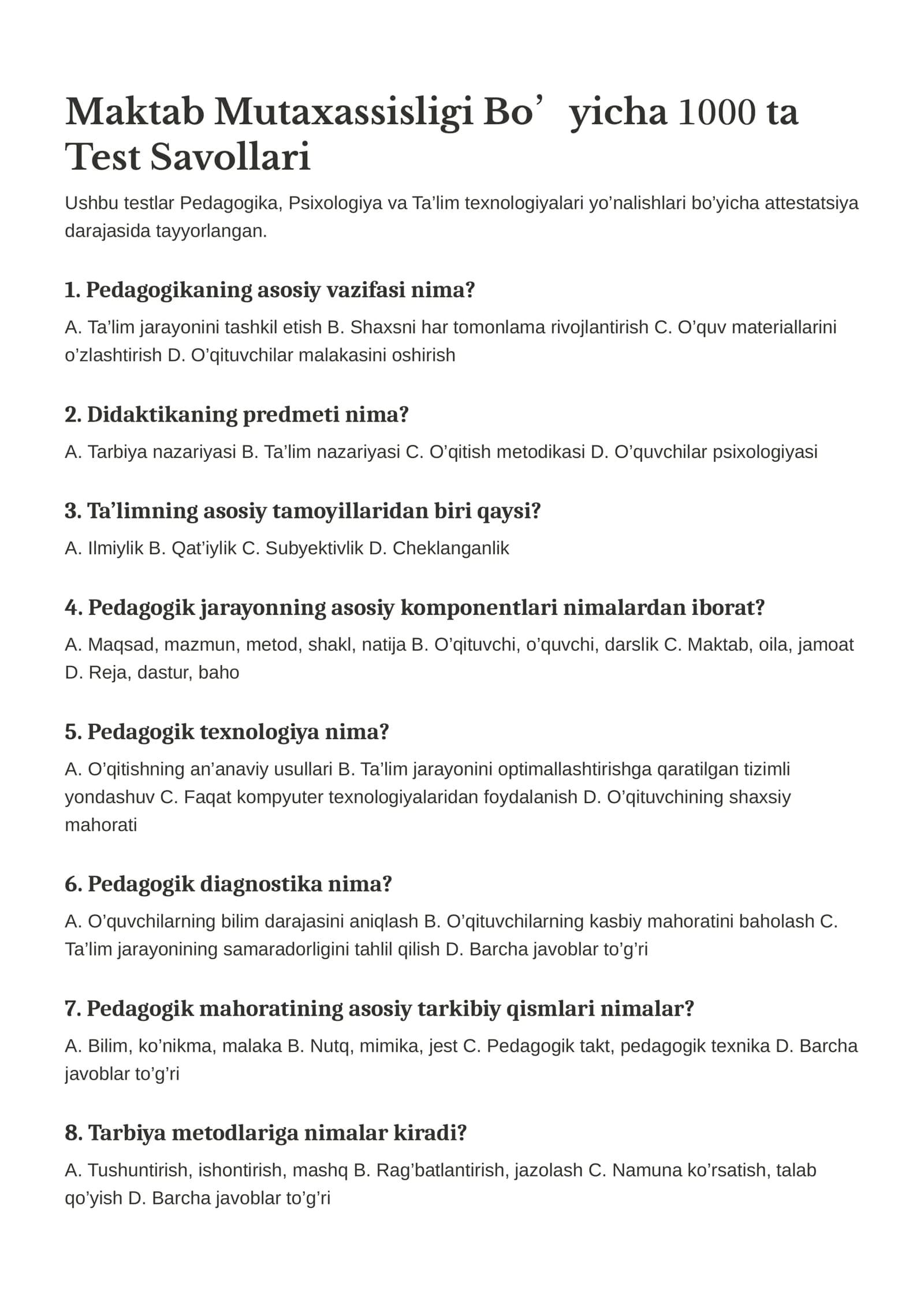 Attestatsiya 1000 ta Test Savollari