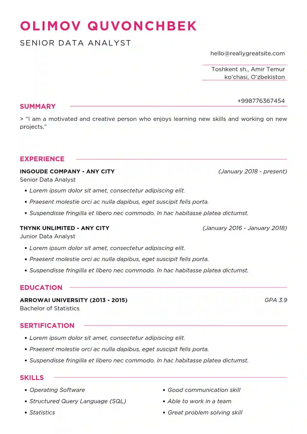 Professional CV shablon (PDF formatda)