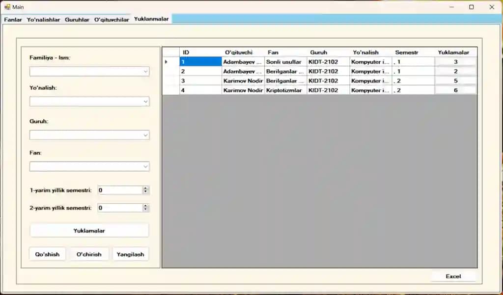 C# dasturlash tilida (Winform) universitet o'qituvchilariga yuklamalarni belgilash dasturi (Desktop ilova)