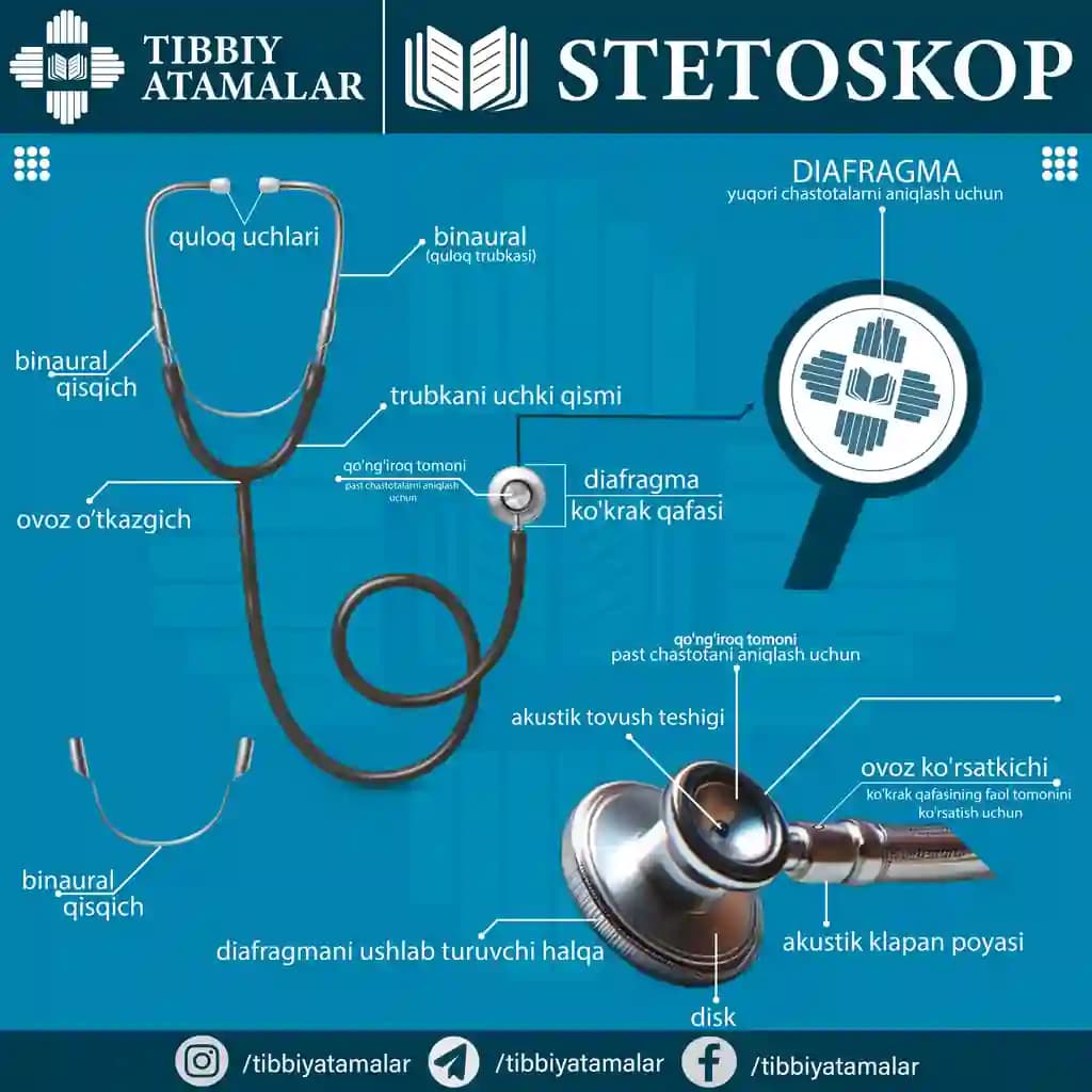 Fonendoskop (stetoskop) tuzilishi – ta’limiy poster (AI + JPG)