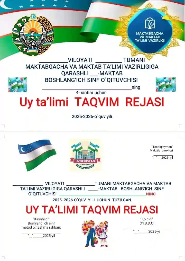 4 -sinf uy ta'limi taqvim rejasi