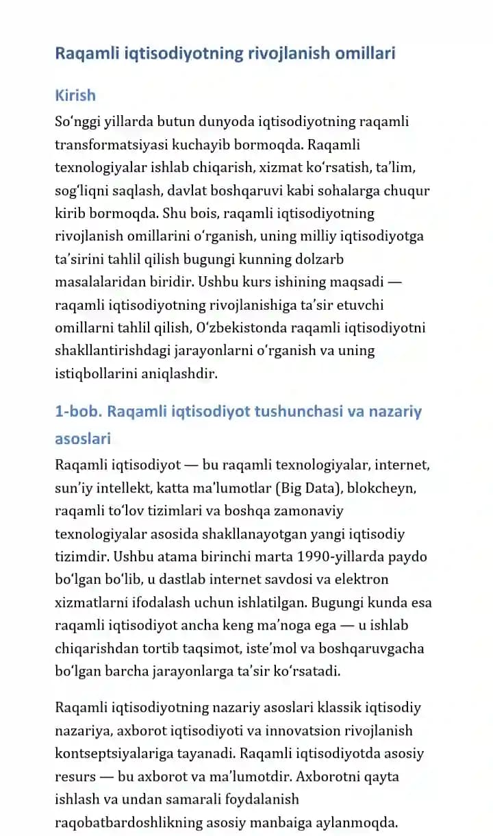 Mustaqil ish referat raqamli iqtisodiyotning rivojlanish omillari tushunchasi va nazariy asoslari