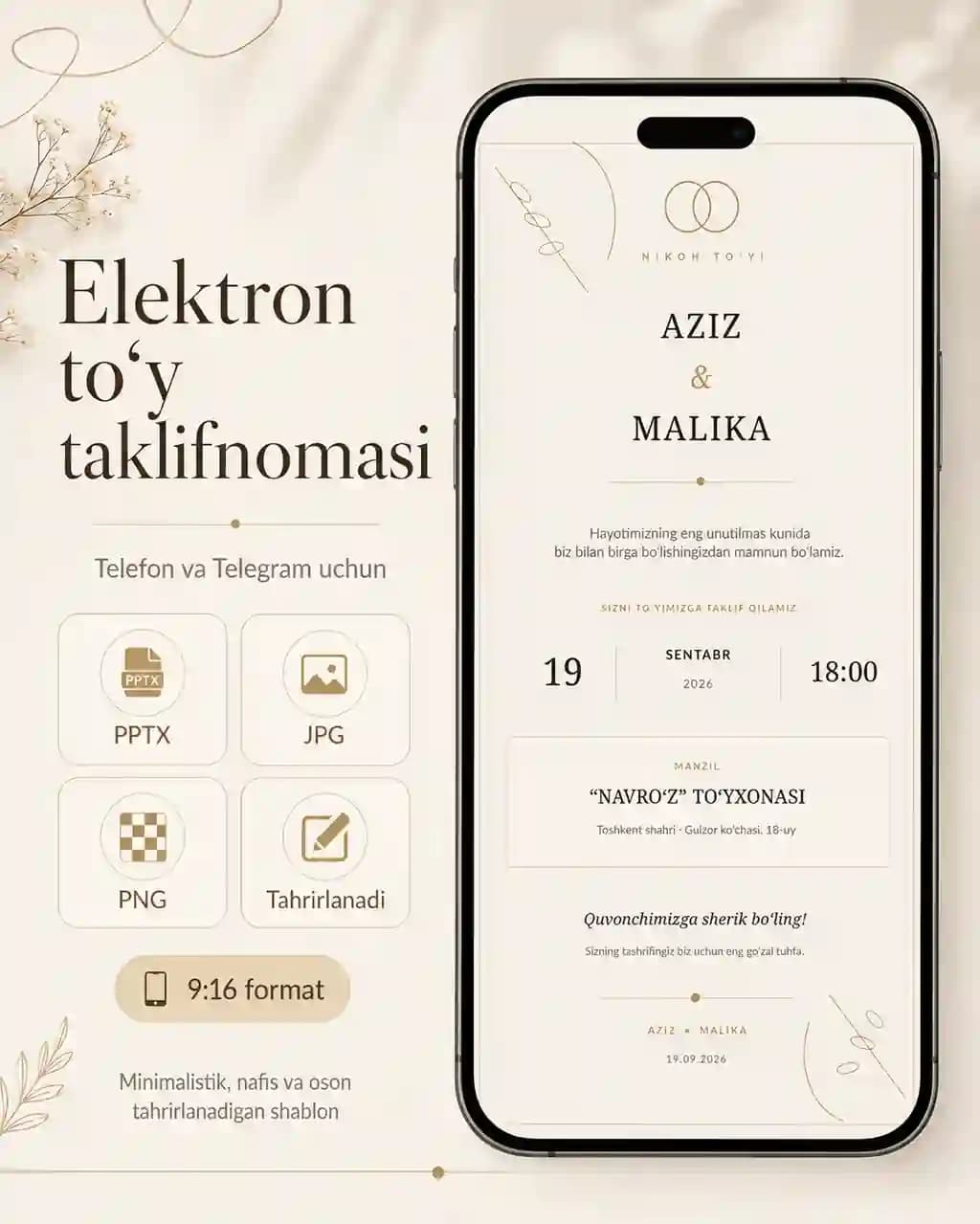 Zamonaviy elektron to‘y taklifnomasi | Telefon va Telegram uchun | PPTX + JPG + PNG