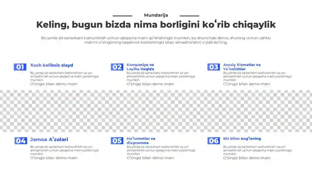 Bepul va kontent sahifasi shabloni Taqdimoti (12 Slayd)