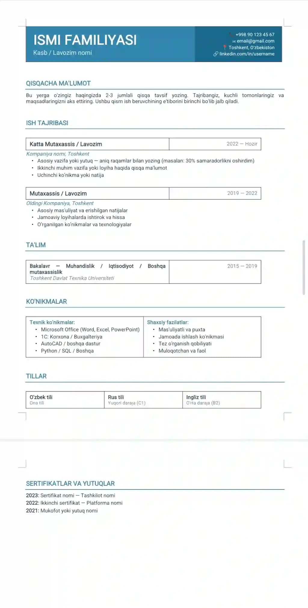 O'zbekcha Klassik CV Shablon — Professional