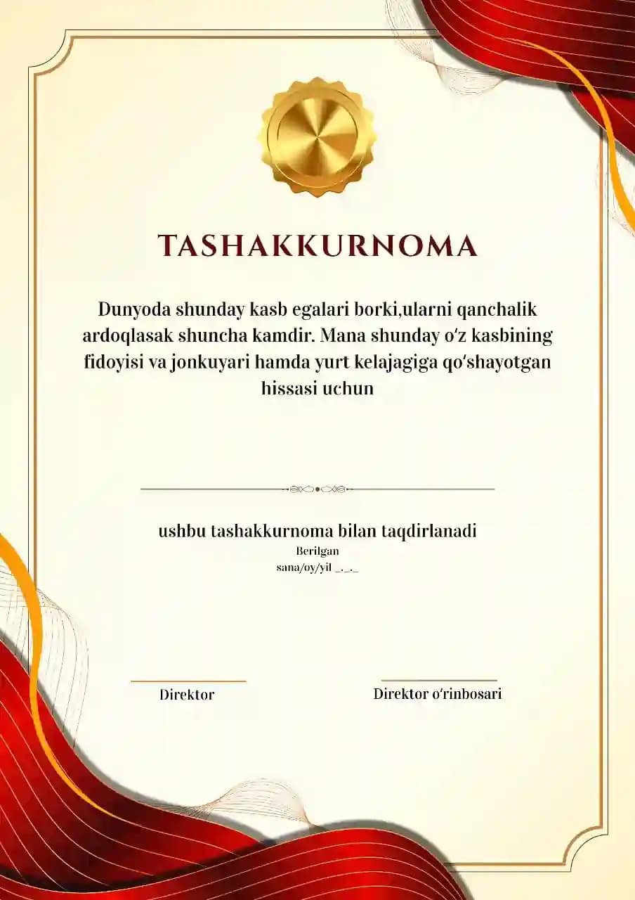 Tashakkurnoma andozasi