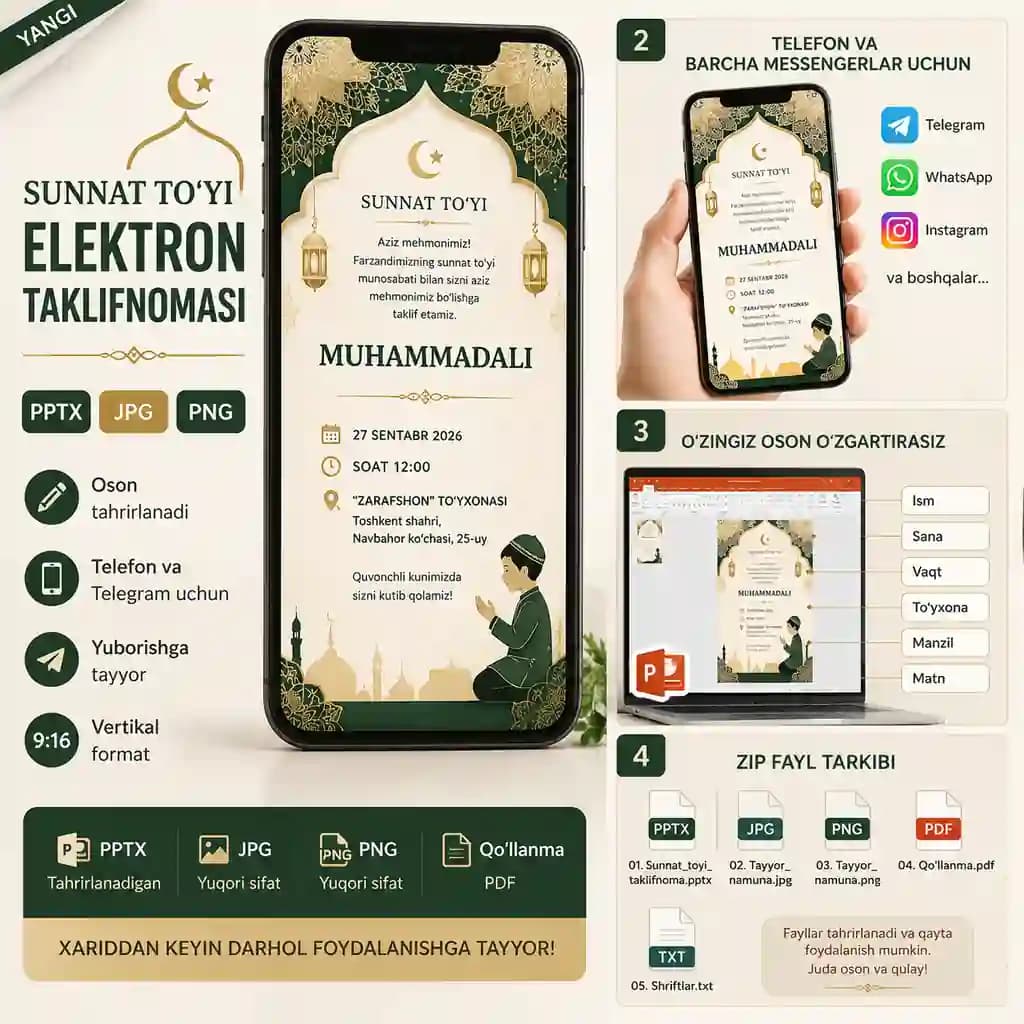 Sunnat to‘yi uchun elektron taklifnoma | PPTX + JPG + PNG | Tahrirlanadi