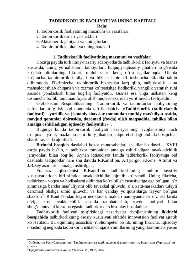 Tadbirkorlik faoliyati va uning kapitali