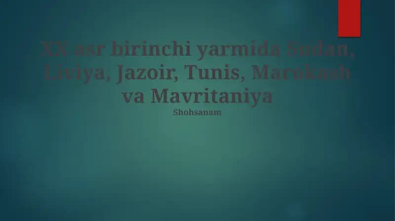 XX asrning birinchi yarmida Sudan, Liviya, Jazoir, Tunis, Marokash va Mavritaniyada sodir bo'lgan ijtimoiy-iqtisodiy tuzilma va milliy ozodlik harakatlari haqida ma'lumotlar