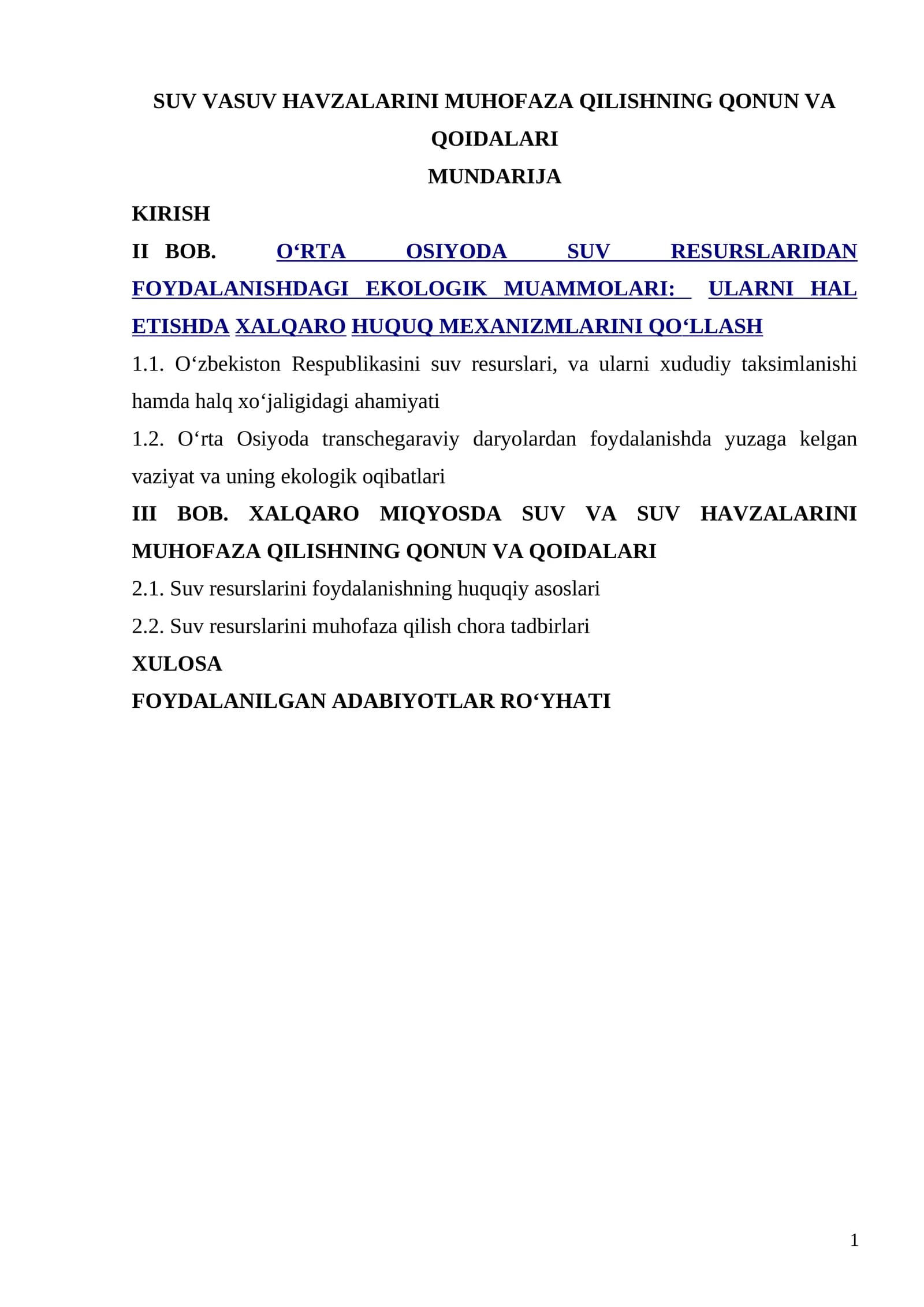 SUV VA SUV HAVZALARINI MUHOFAZA QILISHNING QONUN VA QOIDALARI