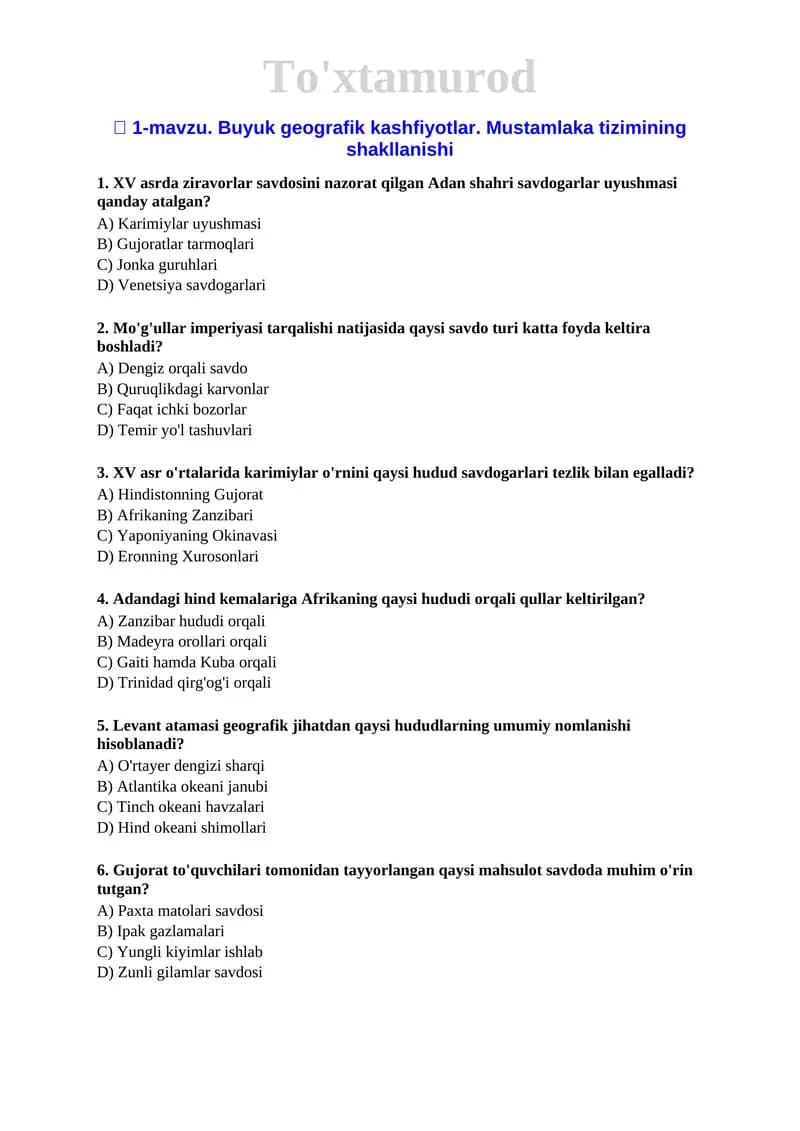 9 Jaxon tarix 2019 mavzulashtirilgan testlar