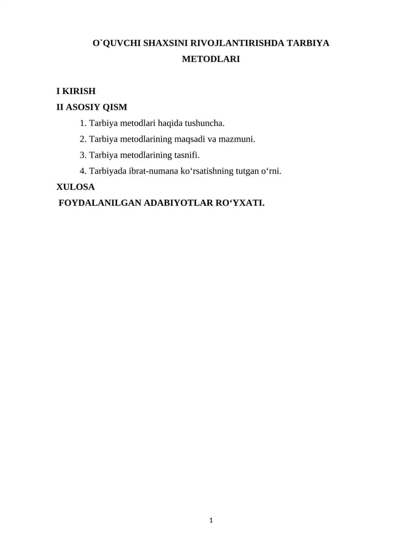 O`QUVCHI SHAXSINI RIVOJLANTIRISHDA TARBIYA  METODLARI