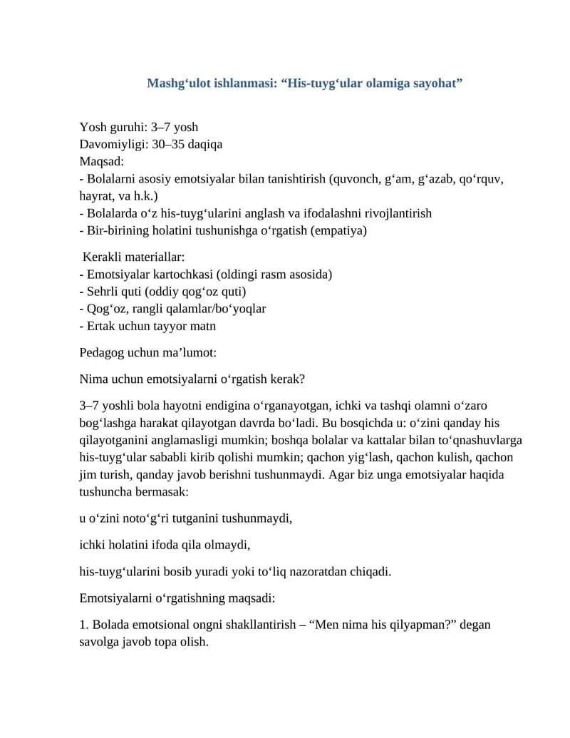 Mashg‘ulot ishlanmasi: “His-tuyg‘ular olamiga sayohat”