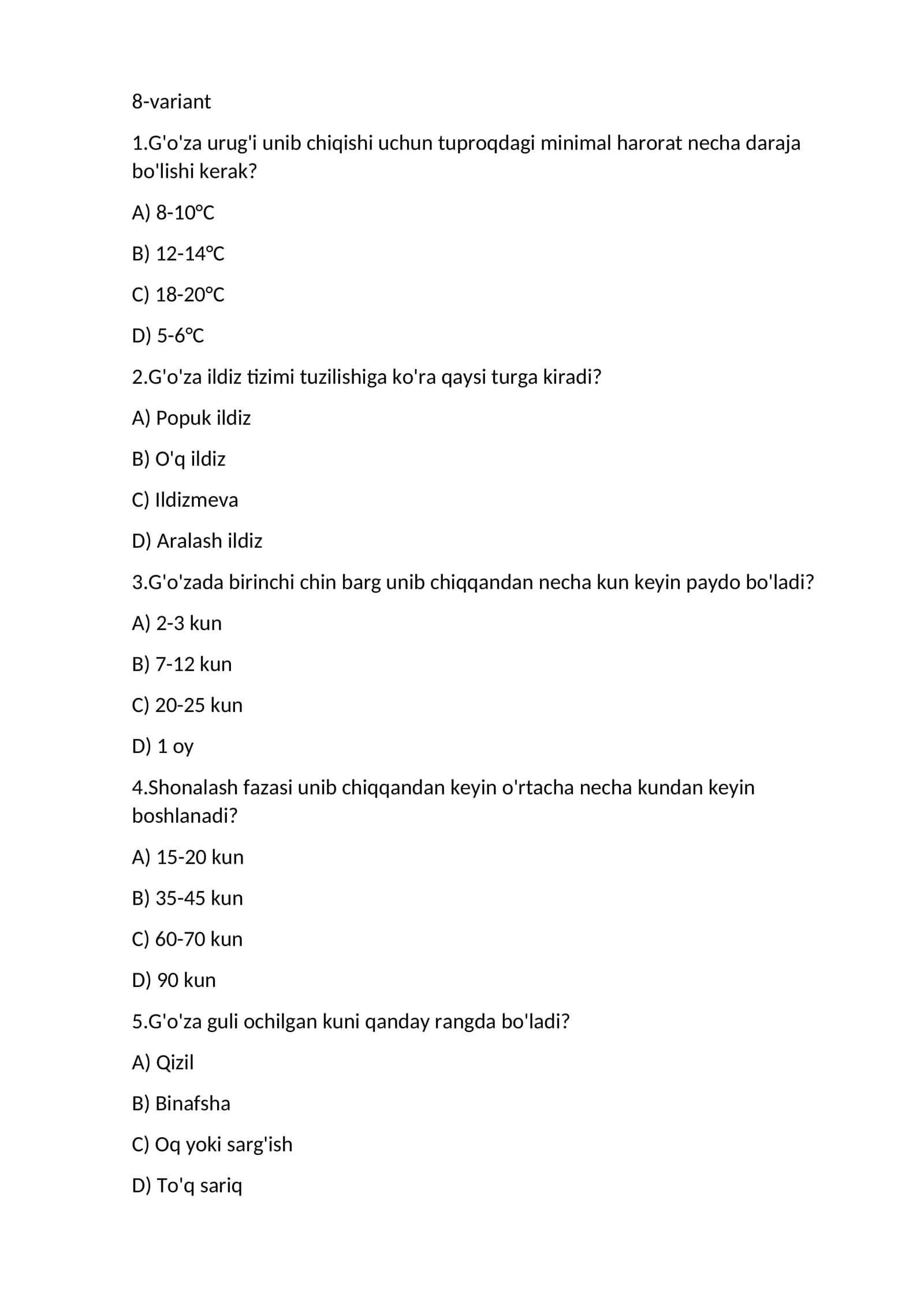 oziq ovqat yetishtirish donli ekinlar test