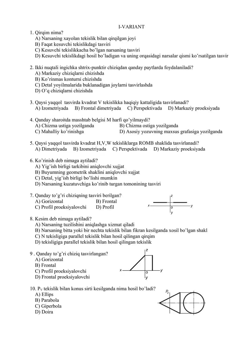 Chizmachilik fanidan alimpiadalarda 90% tushadigan test