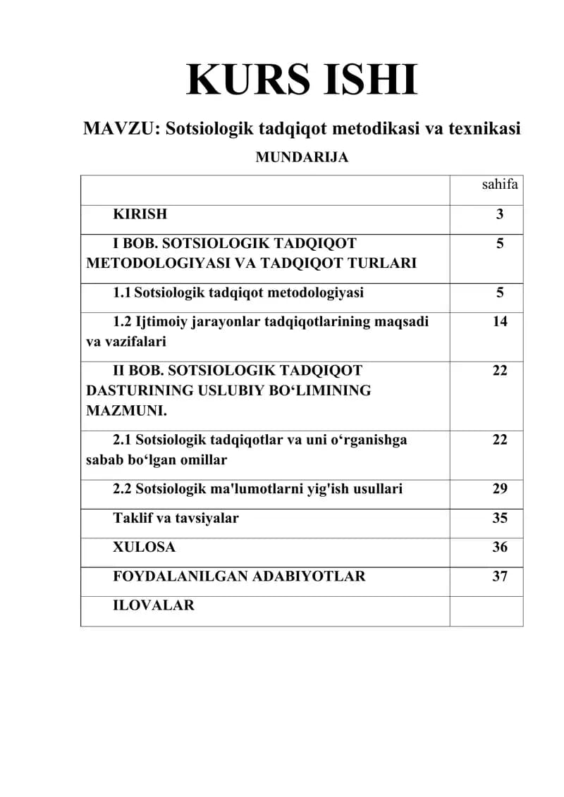 Sotsiologik tadqiqot metodikasi va texnikasi Kurs ishi