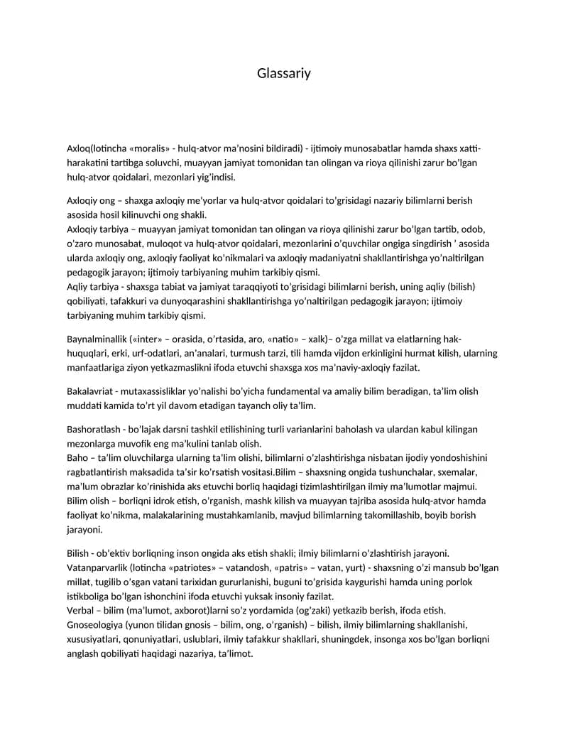Glassariy-O'zga millat va elatlarning hak-huquqlari, muayyan jamiyat tomonidan tan olingan axloqiy tarbiya