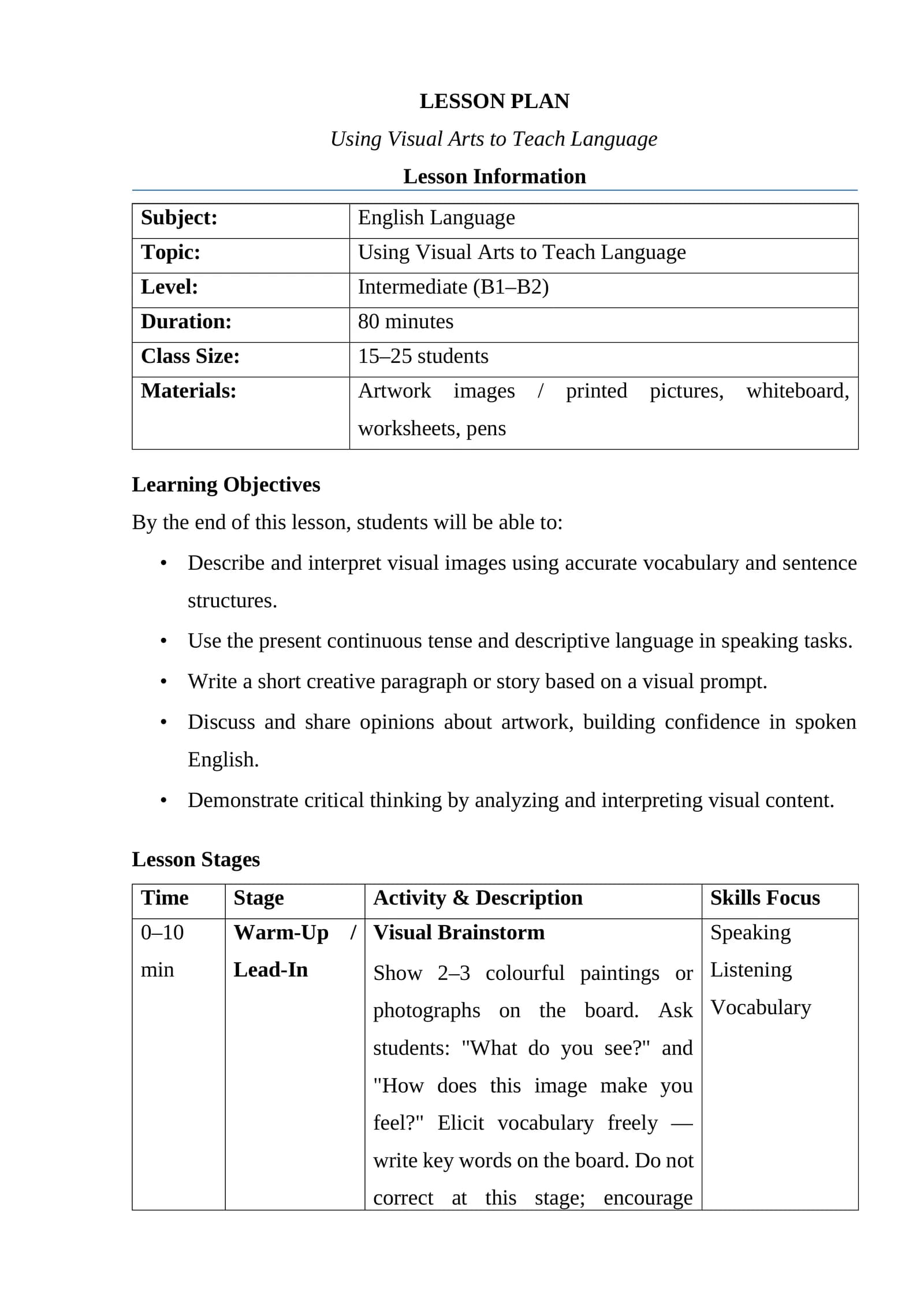 The Lesson plan: using visual arts to teach languagae