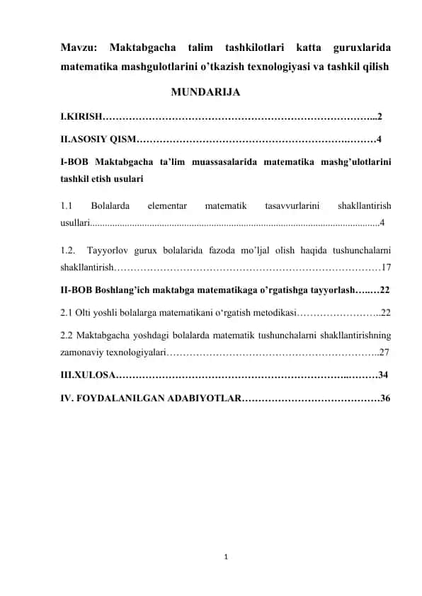 Maktabgacha talim tashkilotlari katta guruxlarida matematika mashgulotlarini o’tkazish texnologiyasi va tashkil qilish