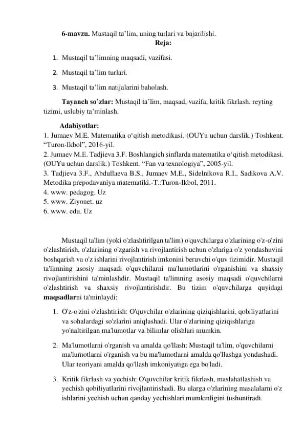 Mustaqil ta’lim, uning turlari va bajarilishi