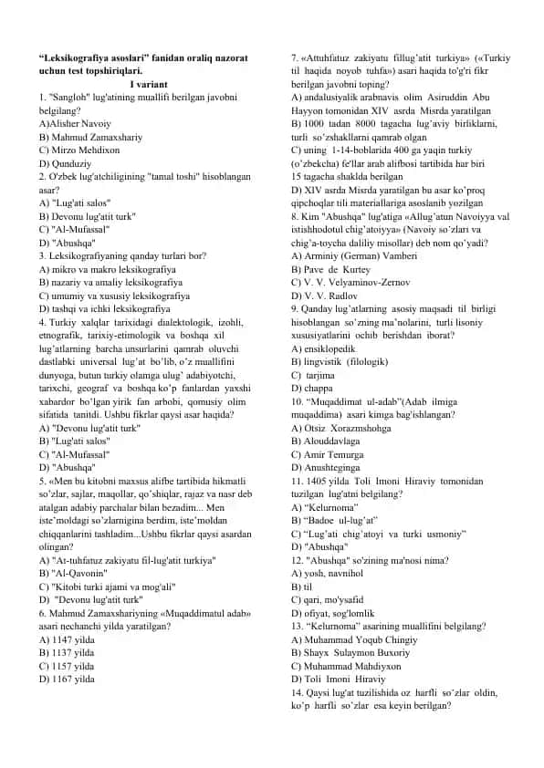 Leksikografiya asoslari test topshiriqlari