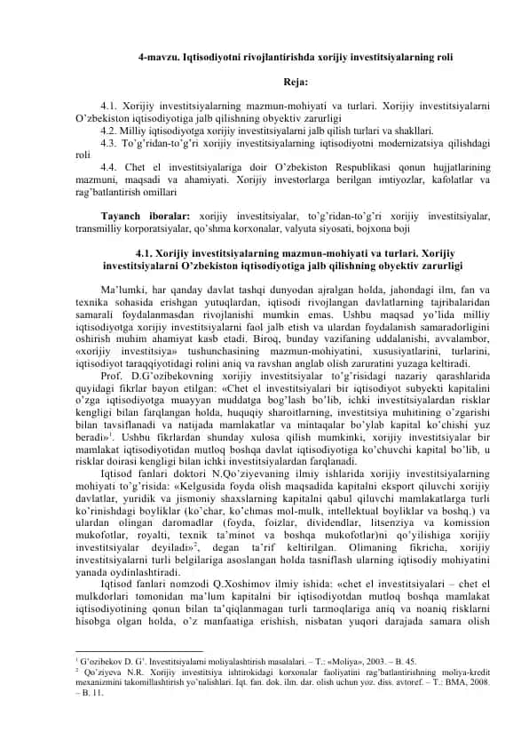 Xorijiy investitsiyalar va ularning iqtisodiy ahamiyati
