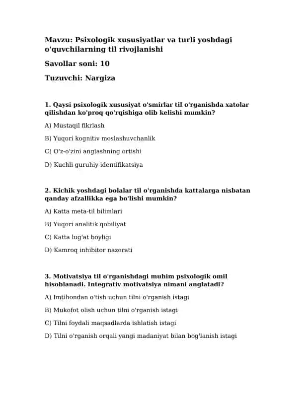 Psixologik xususiyatlar va turli yoshdagi o'quvchilarning til rivojlanishi