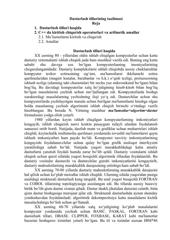 Dasturlash tillarining tuzilmasi va C++ da kiritish chiqarish operatorlari