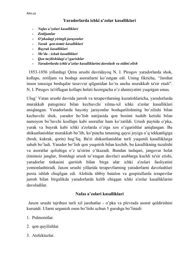 Yaradorlarda Ichki A'zolar Kasalliklari