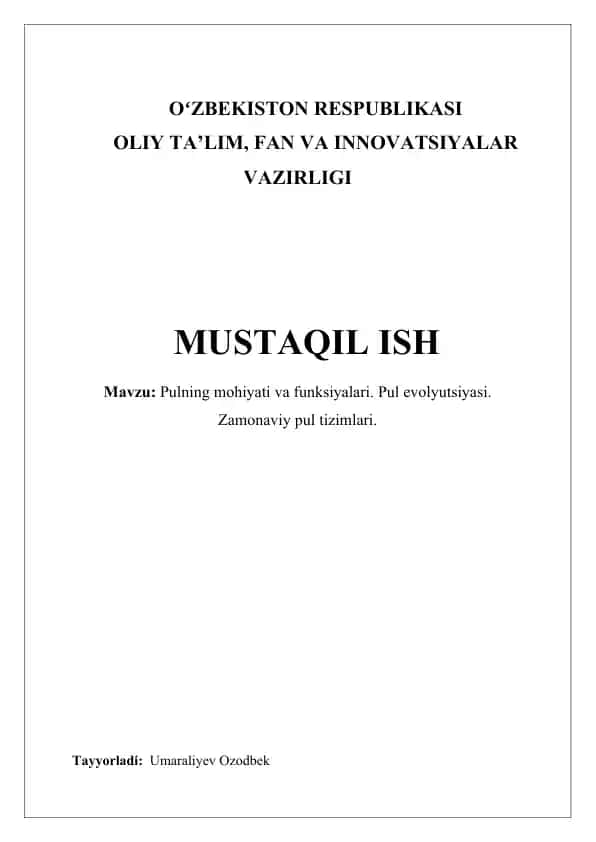 Pulning mohiyati va funksiyalari
