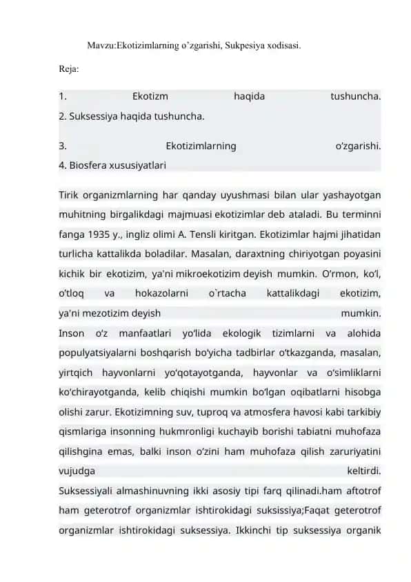 Ekotizim va Suksessiya